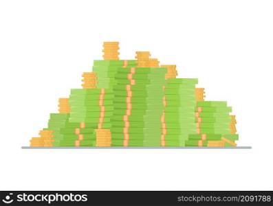 Big money concept. A lot of money. Hundreds of dollars.Bundles of money and coins. Vector illustration.. Big money concept. A lot of money. Hundreds of dollars. Vector illustration.