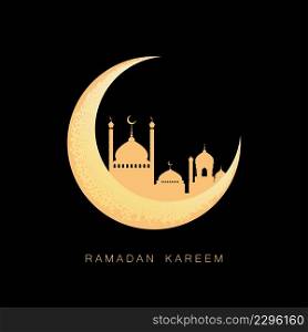 Big moon and mosque on a black background for Ramadan Kareem.