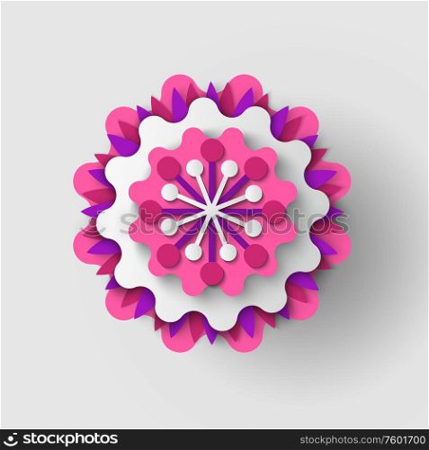 Big one paper cut multicolor flower, made of white, pink and purple papers, made in vivid colors, Origami blossom in modern style vector Illustration. Paper Cut Flower Origami Bud Vector Illustration