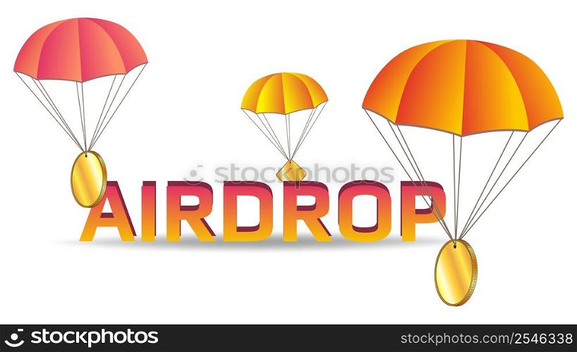 Big orange text Airdrop and parachutes with blank golden coins. Copy space for token logo isolated on white background. Distribution of free coins concept. Vector illustration.. Big orange text Airdrop and parachutes with blank golden coins. Copy space for token logo isolated on white background. Distribution of free coins concept.