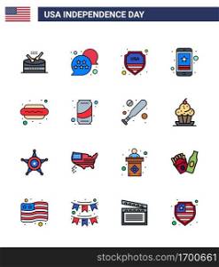 Big Pack of 16 USA Happy Independence Day USA Vector Flat Filled Lines and Editable Symbols of hot dog; mobile; security; smart phone; cell Editable USA Day Vector Design Elements