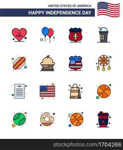 Big Pack of 16 USA Happy Independence Day USA Vector Flat Filled Lines and Editable Symbols of hotdog  states  sheild  limonade  america Editable USA Day Vector Design Elements