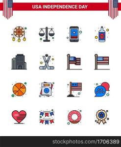 Big Pack of 16 USA Happy Independence Day USA Vector Flat Filled Lines and Editable Symbols of office  wine  cell  bottle  phone Editable USA Day Vector Design Elements