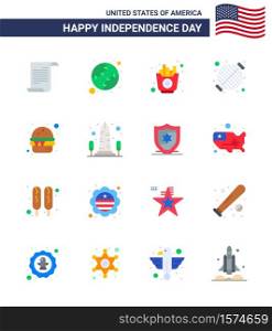 Big Pack of 16 USA Happy Independence Day USA Vector Flats and Editable Symbols of burger; grill; fast; bbq; food Editable USA Day Vector Design Elements