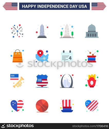 Big Pack of 16 USA Happy Independence Day USA Vector Flats and Editable Symbols of map; packages; washington; money; usa Editable USA Day Vector Design Elements