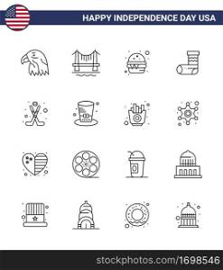 Big Pack of 16 USA Happy Independence Day USA Vector Lines and Editable Symbols of hokey  gift  burger  festivity  celebration Editable USA Day Vector Design Elements