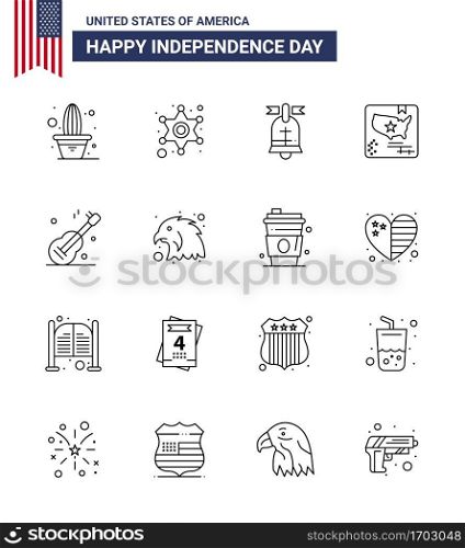 Big Pack of 16 USA Happy Independence Day USA Vector Lines and Editable Symbols of music  world  ball  map  american Editable USA Day Vector Design Elements