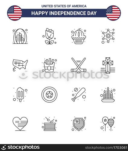 Big Pack of 16 USA Happy Independence Day USA Vector Lines and Editable Symbols of map; star; plent; police; cake Editable USA Day Vector Design Elements
