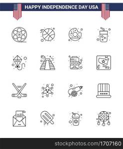 Big Pack of 16 USA Happy Independence Day USA Vector Lines and Editable Symbols of flying; kite; round; wine; drink Editable USA Day Vector Design Elements
