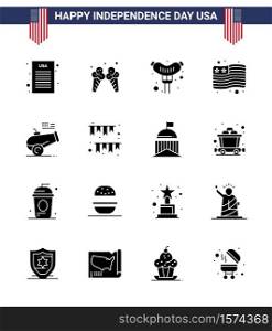 Big Pack of 16 USA Happy Independence Day USA Vector Solid Glyphs and Editable Symbols of american day; howitzer; frankfurter; cannon; usa Editable USA Day Vector Design Elements