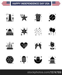 Big Pack of 16 USA Happy Independence Day USA Vector Solid Glyphs and Editable Symbols of madison; united; usa; states; american Editable USA Day Vector Design Elements