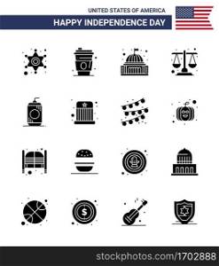 Big Pack of 16 USA Happy Independence Day USA Vector Solid Glyphs and Editable Symbols of bottle; law; place; justice; white Editable USA Day Vector Design Elements