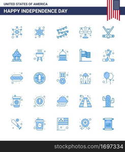 Big Pack of 25 USA Happy Independence Day USA Vector Blues and Editable Symbols of muffin  cake  justice  american  ice sport Editable USA Day Vector Design Elements