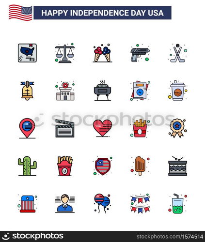 Big Pack of 25 USA Happy Independence Day USA Vector Flat Filled Lines and Editable Symbols of hokey; weapon; icecream; army; gun Editable USA Day Vector Design Elements