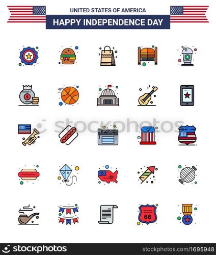 Big Pack of 25 USA Happy Independence Day USA Vector Flat Filled Lines and Editable Symbols of bottle; day; bag; saloon; bar Editable USA Day Vector Design Elements