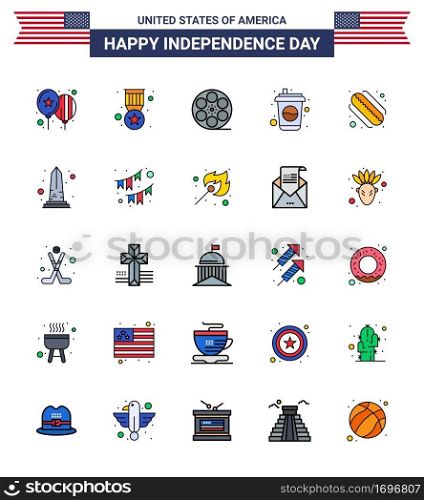 Big Pack of 25 USA Happy Independence Day USA Vector Flat Filled Lines and Editable Symbols of hotdog; soda; movis; drink; bottle Editable USA Day Vector Design Elements