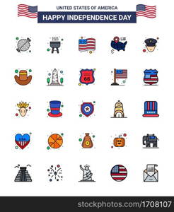 Big Pack of 25 USA Happy Independence Day USA Vector Flat Filled Lines and Editable Symbols of american  officer  country  man  map Editable USA Day Vector Design Elements