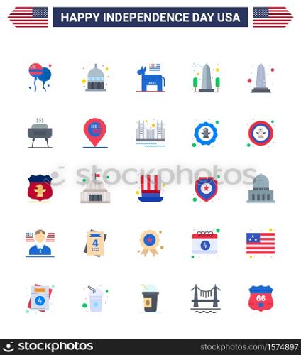 Big Pack of 25 USA Happy Independence Day USA Vector Flats and Editable Symbols of barbeque; usa; donkey; sight; landmark Editable USA Day Vector Design Elements