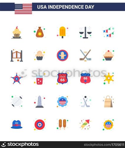 Big Pack of 25 USA Happy Independence Day USA Vector Flats and Editable Symbols of buntings; scale; cash; law; court Editable USA Day Vector Design Elements
