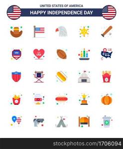 Big Pack of 25 USA Happy Independence Day USA Vector Flats and Editable Symbols of bat  ball  bird  star  military Editable USA Day Vector Design Elements