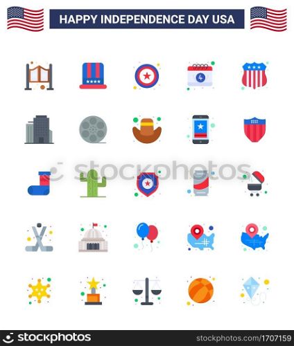 Big Pack of 25 USA Happy Independence Day USA Vector Flats and Editable Symbols of usa police; badge; police; day; calendar Editable USA Day Vector Design Elements