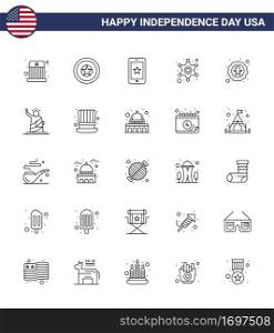 Big Pack of 25 USA Happy Independence Day USA Vector Lines and Editable Symbols of bird  police sign  mobile  star  men Editable USA Day Vector Design Elements