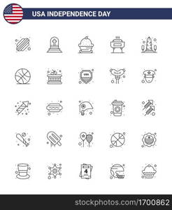 Big Pack of 25 USA Happy Independence Day USA Vector Lines and Editable Symbols of monument  holiday  dessert  festivity  barbeque Editable USA Day Vector Design Elements