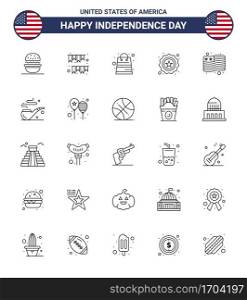 Big Pack of 25 USA Happy Independence Day USA Vector Lines and Editable Symbols of country; badge; party; security; shop Editable USA Day Vector Design Elements