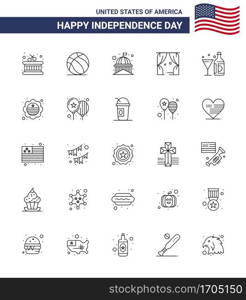 Big Pack of 25 USA Happy Independence Day USA Vector Lines and Editable Symbols of wine  usa  house  theatre  entertainment Editable USA Day Vector Design Elements