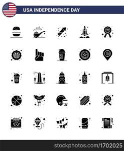 Big Pack of 25 USA Happy Independence Day USA Vector Solid Glyph and Editable Symbols of police; usa; festivity; transport; rocket Editable USA Day Vector Design Elements