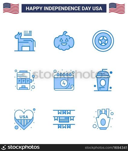 Big Pack of 9 USA Happy Independence Day USA Vector Blues and Editable Symbols of date; american; independece; game; machine Editable USA Day Vector Design Elements