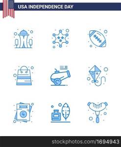 Big Pack of 9 USA Happy Independence Day USA Vector Blues and Editable Symbols of cannon; shop; ball; packages; bag Editable USA Day Vector Design Elements