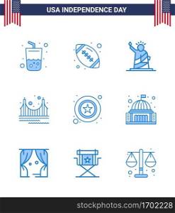 Big Pack of 9 USA Happy Independence Day USA Vector Blues and Editable Symbols of tourism  golden  landmarks  gate  usa Editable USA Day Vector Design Elements