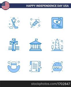 Big Pack of 9 USA Happy Independence Day USA Vector Blues and Editable Symbols of american  bank  american  church  american Editable USA Day Vector Design Elements