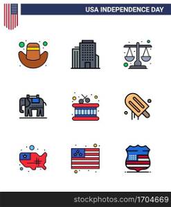 Big Pack of 9 USA Happy Independence Day USA Vector Flat Filled Lines and Editable Symbols of cream  sticks  law  instrument  usa Editable USA Day Vector Design Elements