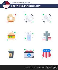 Big Pack of 9 USA Happy Independence Day USA Vector Flats and Editable Symbols of cross; soda; party; drink; bottle Editable USA Day Vector Design Elements