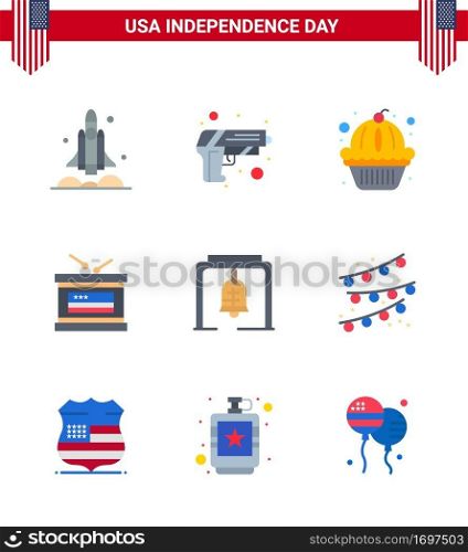 Big Pack of 9 USA Happy Independence Day USA Vector Flats and Editable Symbols of alert; independece; weapon; holiday; cake Editable USA Day Vector Design Elements