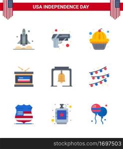Big Pack of 9 USA Happy Independence Day USA Vector Flats and Editable Symbols of alert; independece; weapon; holiday; cake Editable USA Day Vector Design Elements