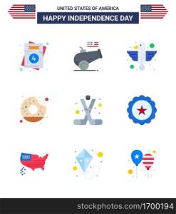 Big Pack of 9 USA Happy Independence Day USA Vector Flats and Editable Symbols of hockey  yummy  american  round  state Editable USA Day Vector Design Elements