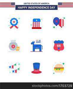 Big Pack of 9 USA Happy Independence Day USA Vector Flats and Editable Symbols of american  american  balloons  money  dollar Editable USA Day Vector Design Elements