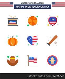 Big Pack of 9 USA Happy Independence Day USA Vector Flats and Editable Symbols of flag; heart; security; usa festival; american Editable USA Day Vector Design Elements