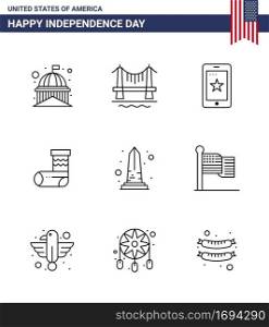 Big Pack of 9 USA Happy Independence Day USA Vector Lines and Editable Symbols of landmark  festivity  cityscape  christmas  ireland Editable USA Day Vector Design Elements
