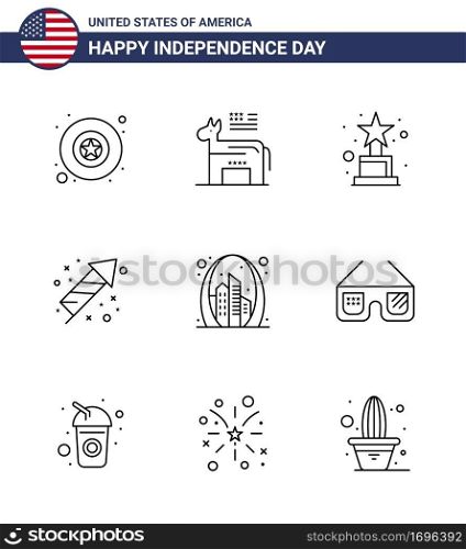 Big Pack of 9 USA Happy Independence Day USA Vector Lines and Editable Symbols of landmark; building; award; arch; fireworks Editable USA Day Vector Design Elements