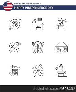 Big Pack of 9 USA Happy Independence Day USA Vector Lines and Editable Symbols of landmark; building; award; arch; fireworks Editable USA Day Vector Design Elements
