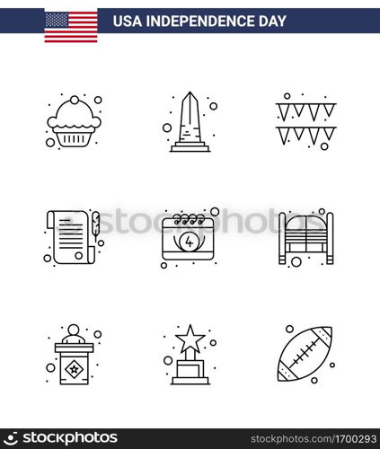 Big Pack of 9 USA Happy Independence Day USA Vector Lines and Editable Symbols of day; calendar; festival; american; receipt Editable USA Day Vector Design Elements