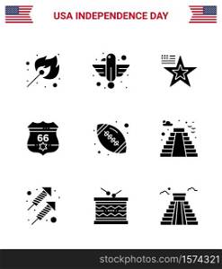 Big Pack of 9 USA Happy Independence Day USA Vector Solid Glyphs and Editable Symbols of ball; usa; state; shield; usa Editable USA Day Vector Design Elements
