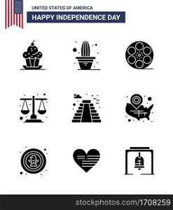 Big Pack of 9 USA Happy Independence Day USA Vector Solid Glyphs and Editable Symbols of american  law  pot  justice  american Editable USA Day Vector Design Elements