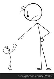 Big person with power accuse or blame weak and small person , vector cartoon stick figure or character illustration.. Big Powerful Person Blame or Accuse Small and Weak Man , Vector Cartoon Stick Figure Illustration