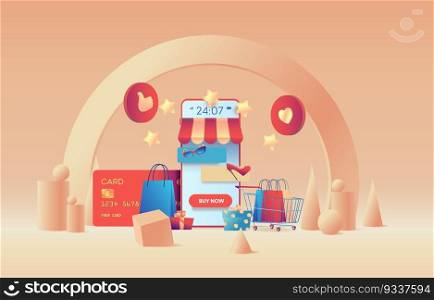 Big phone is like store. Contactless payment concept. Metaphor for 24/7 online shopping.  Flat vector illustration