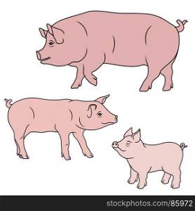 Big Pig, Sow and Piglet, cartoon vector illustrations isolated on the white background